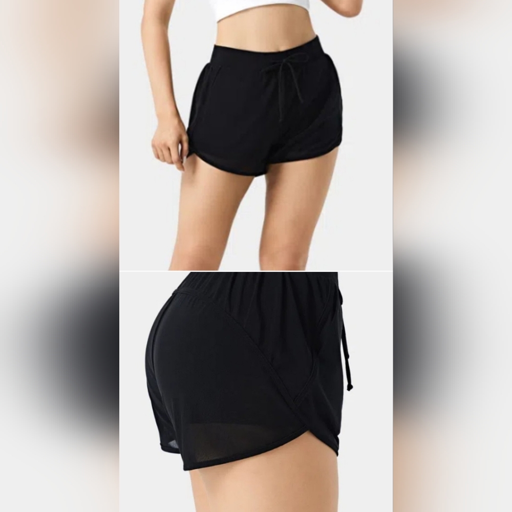 HALARA Black High-Waisted Drawstring Mesh Side Shorts w/ Pockets Sz M